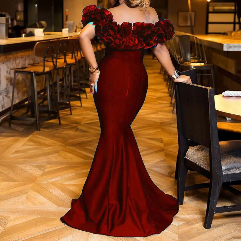 

Elegant Elastic Evening Dresses Women Custom Made Satin Fabric Bateau Party Gown Lotus Leaf Slim Mermaid Sweep Tail Dress