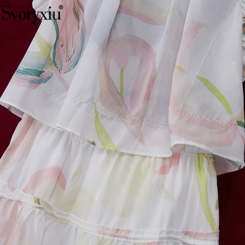 

Svoryxiu 2021 Fashion Women's Summer Skirt Suit Ruffles Sleeve Print Blouse + Maxi Skirt Runway Two Piece Set