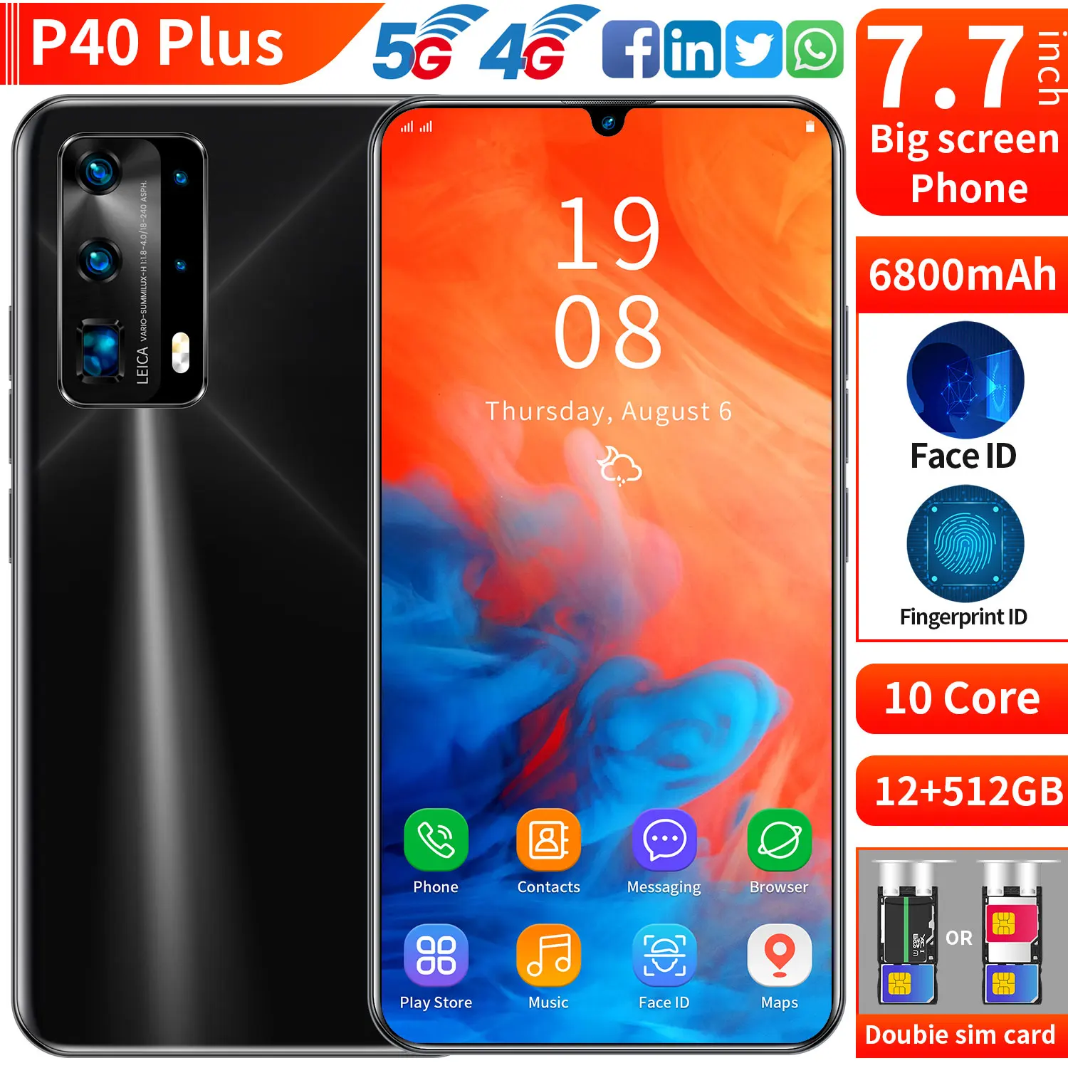 Tel&eacute;fono Inteligente 5G P40 Pro, pantalla de 7,5 pulgadas, 512GB + 12GB, SIM Dual, Bater&iacute;a grande de 6800mAh, c&aacute;mara HD de 16 + 32MP, 4G, 5G, 2021-2