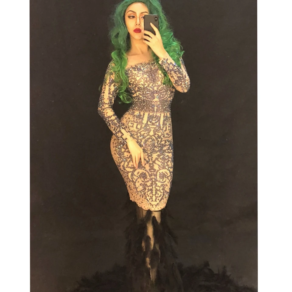 

Блестящее длинное платье стрейч с черными перьями, женские сексуальные платья, праздничный наряд на день рождения, костюмы для ночного клуб...