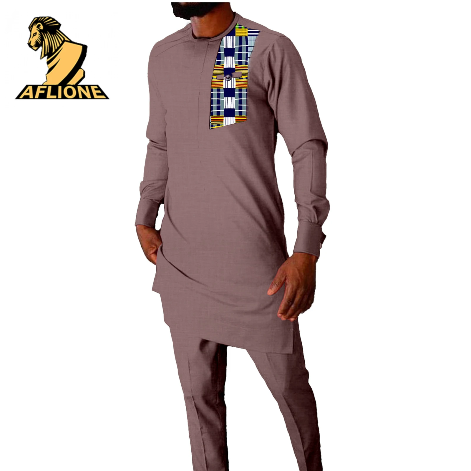 African Clothes For Men Rich Bazin Bicolor Style Splicing Crew Neck Robe Long Sleeve Traditional Top And Pants Contracted Set