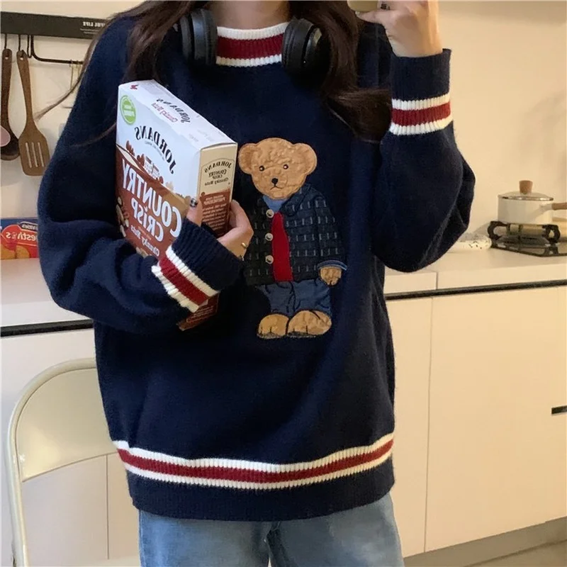 

Women Japan Style Fall Cartoon Bear Embroidery Pullover Knitting Sweater Female Casual Warm Harajuku Sweet Kawaii Winter Clothes