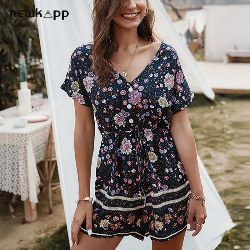 Женский пляжный комбинезон с коротким рукавом и цветочным принтом|Комбинезоны c