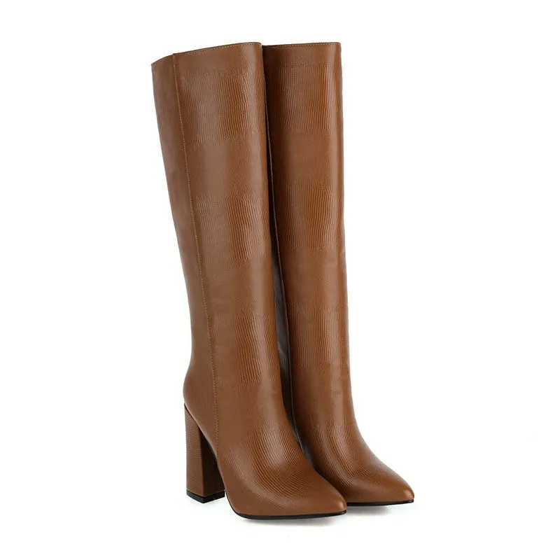 

Sexy Women Knee High Boots Pointed Toe Feather Autumn Winter Western Boots Women Chunky Block High Heel Elegant Long Boots