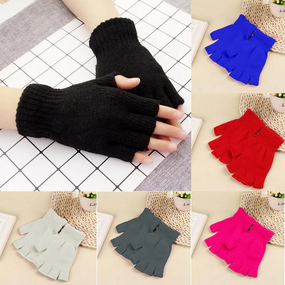 

Women Solid Color Casual Half Finger Gloves Unisex Gloves Mitten Fingerless Knitted Crochet Half-fingers Adult Warm Winter