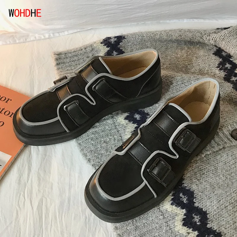 

wohdhe Women Autumn Loafers Low Heels Round Toe Slip On Sneakers Ladies Leather Sewing Platform Thick Bottom Buckle Retro Mujer