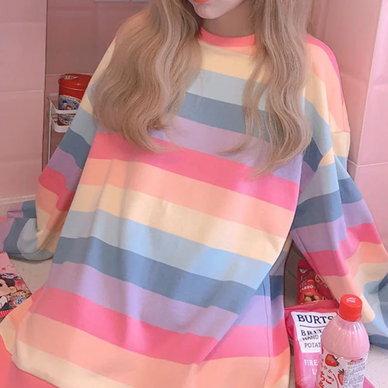 A-M-2XL Loose Harajuku Colorful Striped O Neck Long Sleeve Oversize Autumn Thin Sweatshirt 2021 NEW Cute Chic Pullover Top
