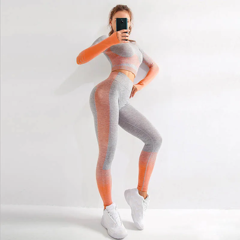 

Nessaj Seamless Stripe Two-Piece Set Women's Round Neck Long Sleeve Top High Waist Leggings Fitness Set Female Workout Tracksuit