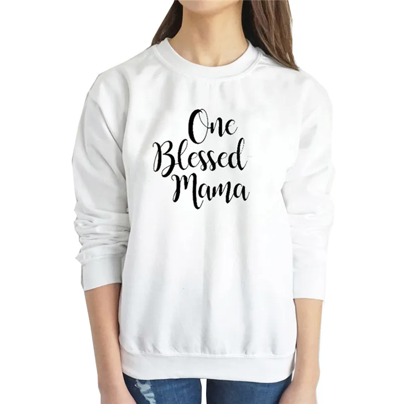 One Blessed Mama с буквенным принтом Kpop толстовки для женщин с круглым вырезом и длинным рукавом свитер в Корейском стиле пуловер уличная женская теплая верхняя одежда - Цвет: Белый