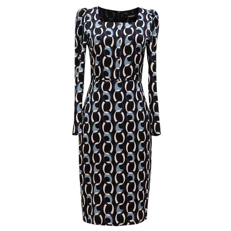 

Vintage French Style Square Collar Dress Women Spring Fall New Elegant Long Sleeve Printed Midi Pencil Dresses Office Lady Work