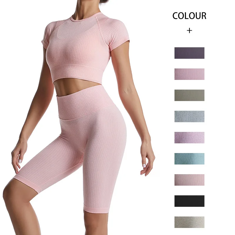 

Screw thread Yoga suit Sports clothes Short sleeved Shorts bra tights Women suit Clothing women Workout set Gym clothing Yoga