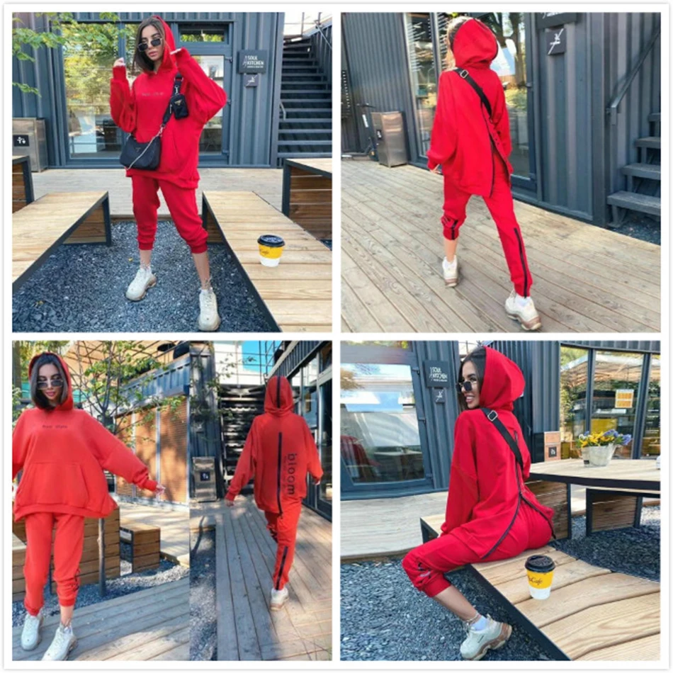 

Free shipping 2020 Women's Casual Letter Sweater Set Loose Hooded Sweatshirt Elastic Pants Zipper Sportswear 2 Two-piece Sets