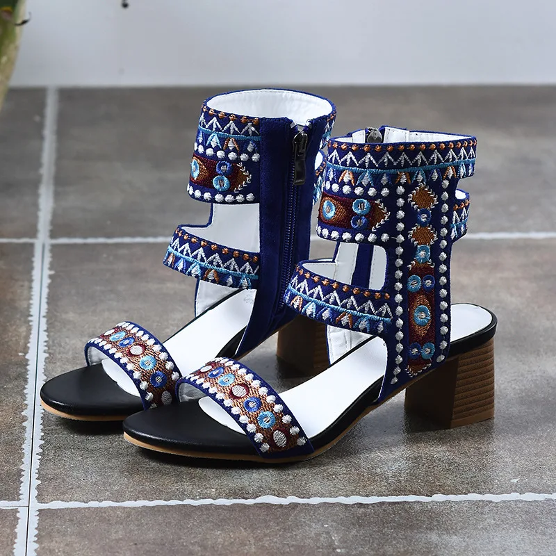 

2021 summer new cool boots Embroidery Flower fish mouth thick heel sandals national style high heel sandals