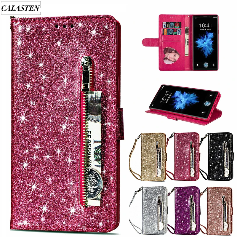 

Glitter Zipper Case For Redmi Note 10 9 Pro 8 7 9C 9A 8A 7A Flip Wallet Leather Stand Case For Xiaomi Mi 11 Poco X3 NFC 10T Lite