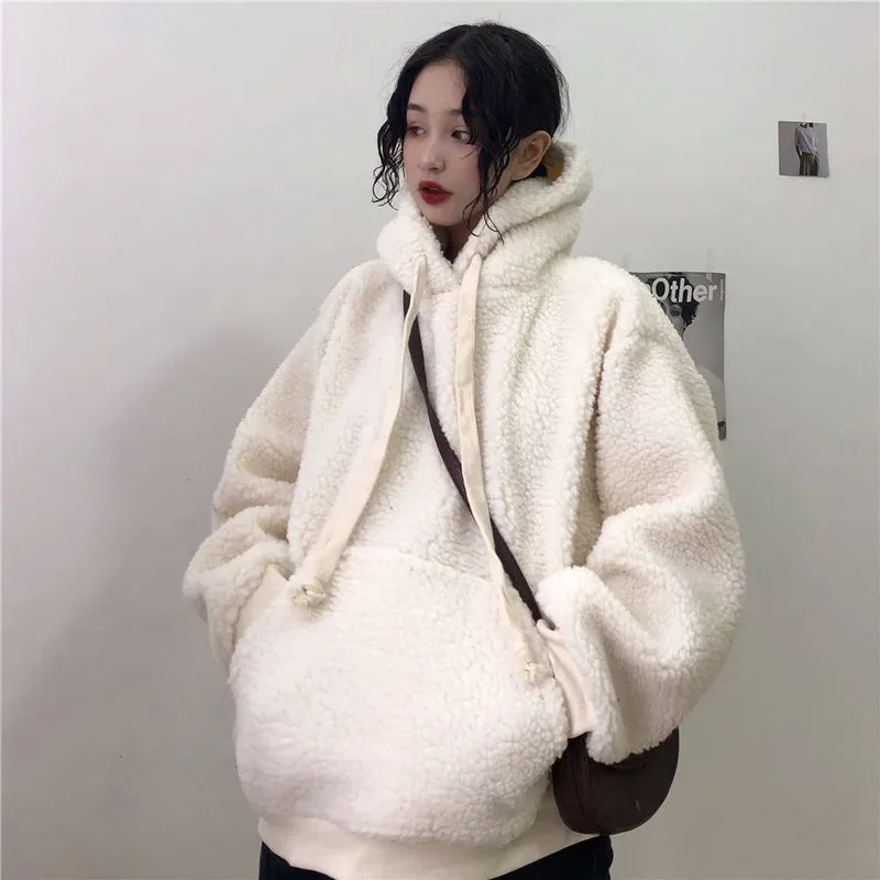 

Deeptown Winter Solid Hoodies Women 2020 Fashion Plush Plus Velvet Pullover Women Long Sleeve Warm Tops Loose Casual Hoodie