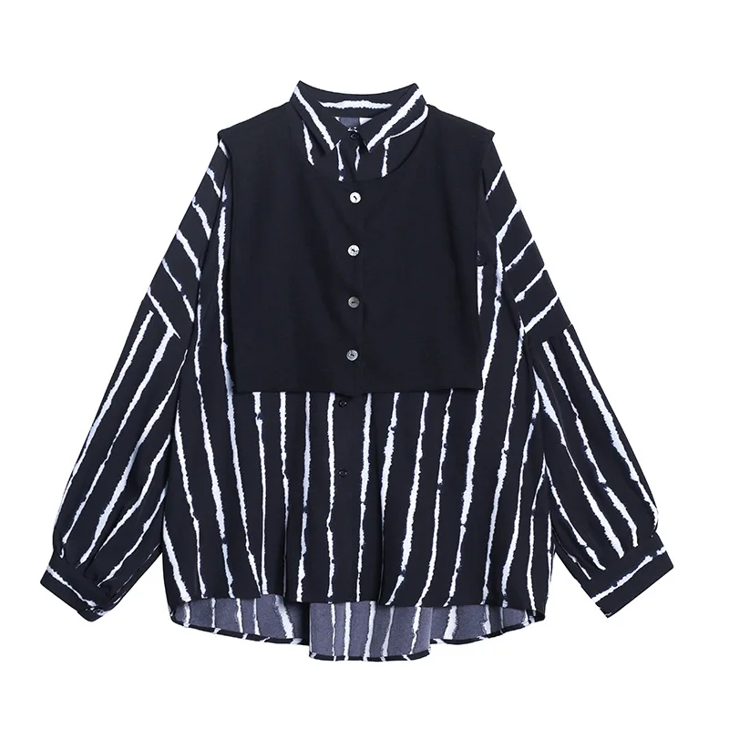 

Vertical Striped Large Size Women's Shirt Personality Long-sleeve Port Style Retro Top Knitted Vest Two-piece Women Blouses