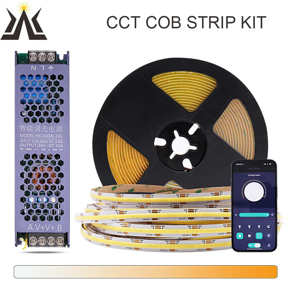 

Color Temperature Dimmable CCT COB Strip FOB LED Light Kit with Power Supply Mobile APP Control RA90 House Decor Lighting