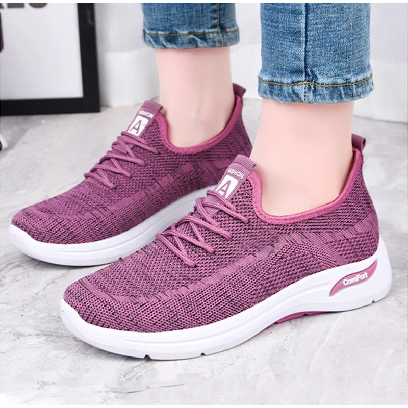 

Knitted Running Shoes Light Women's Vulcanized Shoes Lace Up Breathable Sneakers Summer Ladies Flats Shoes Female Casual 2021