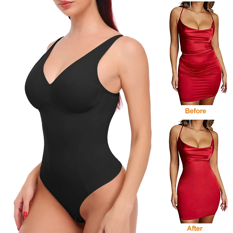 Bodysuit Shapewear Sexy Deep V-Neck Jumpsuit Top Body Shaper Slimming Underwear Thong Waist Trainer Women Padded Push Up Corset