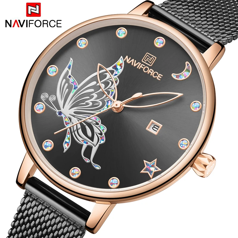 NAVIFORCE новые женские часы уникальный браслет из нержавеющей стали с бабочкой