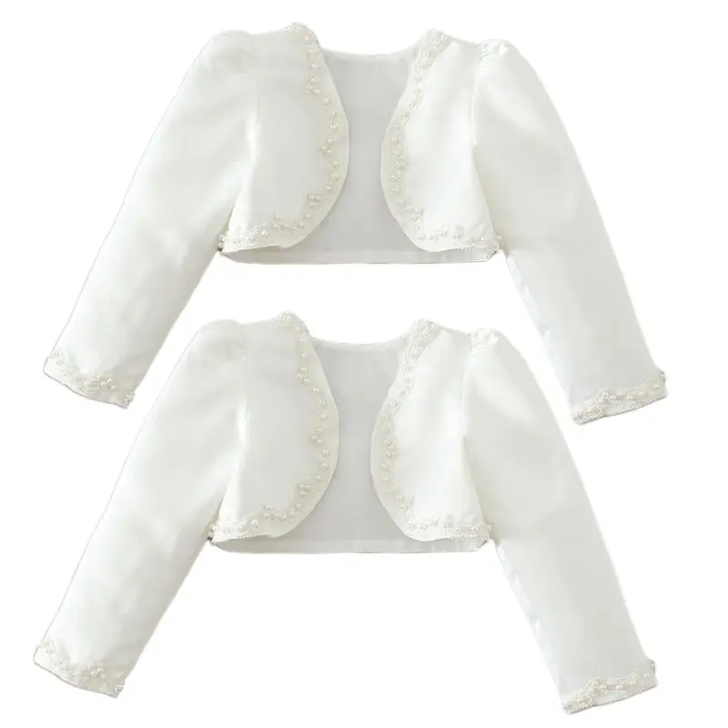 Baby Girls Satin Long Sleeve Bolero Shrug Handmade Imitation Pearl Beading Weddi | Детская одежда и обувь