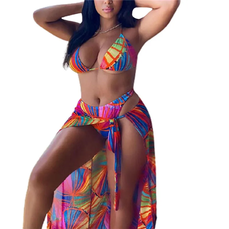 

Women Three-piece Bikini with Halter Neck Design Personality Colorful Print Summer Clothing