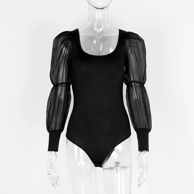 2019 New Sexy Womens Long Sleeve Bodysuit Mesh Lace Puff Leotard Bodycon Bandage Jumpsuit Solid Black Romper Tops Blouse | Женская