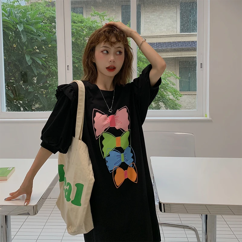 

Summer Office Lady Casual Round Neck Fashion Bow Lantern Sleeve Plus Size Loose Print Patchwork Solid Color T-Shirt Long Dress