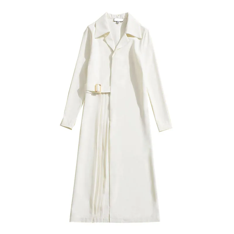 

JCHB 2021 women's autumn and winter new Lapel long sleeve lace up pleated windbreaker dress long skirt fashion