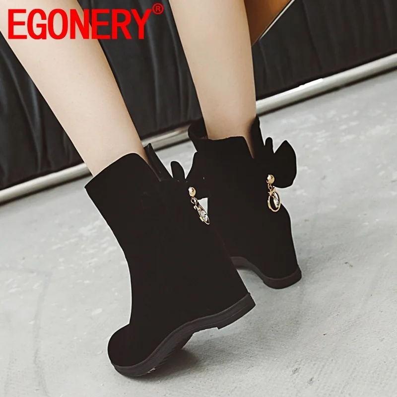 

EGONERY Winter New Concise Sweet Ankle Boots Outside High Heels Round Toe Flock Bowtie Women Shoes Drop Shipping Size 33-43