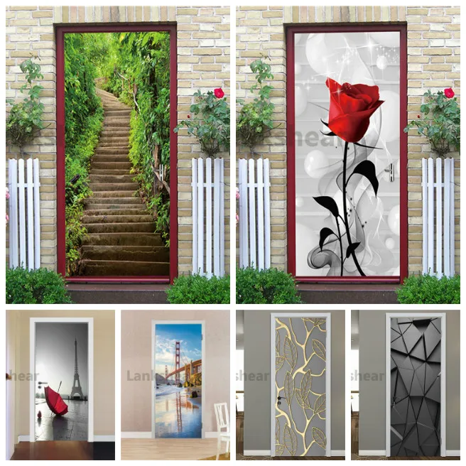 

3D Door Sticker Wood Adhesive Waterproof Wallpaper For Doors Living Room Bedroom Poster DIY Mural Decals Home Decor Deursticker