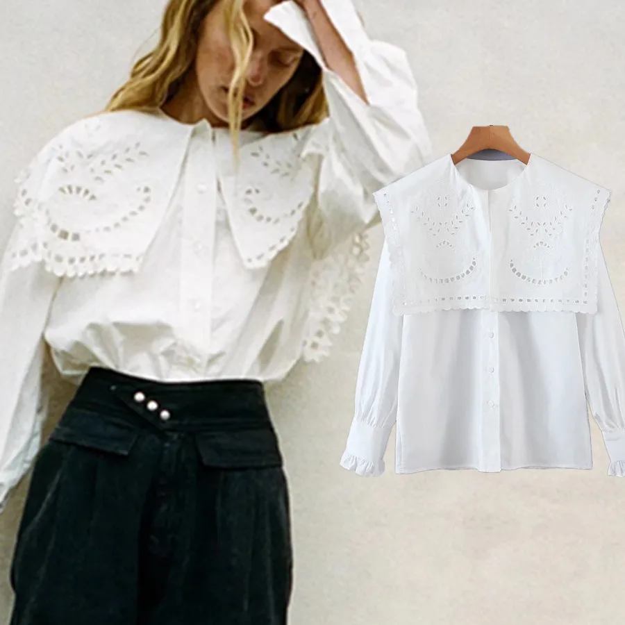 

Withered Indie Folk Vintage Embroideried Hollow Out Peter Pan Collar Blouse Women Blusas Mujer De Moda 2022 Fashion Shirt Women