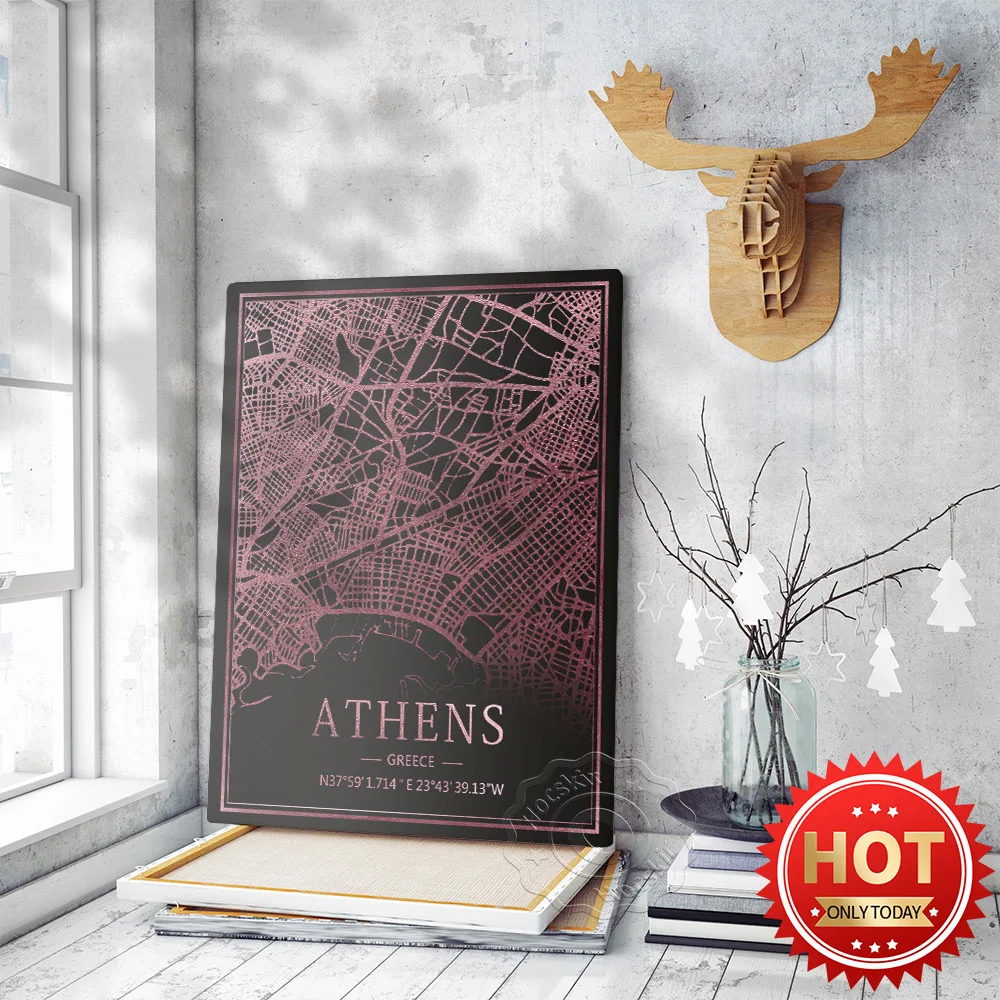 

Athens Greecee City Map Art Poster, World Tavel City Black Pink Line Map Canvas Painting Wall Stickers, Bar Pub Club Decor Mural