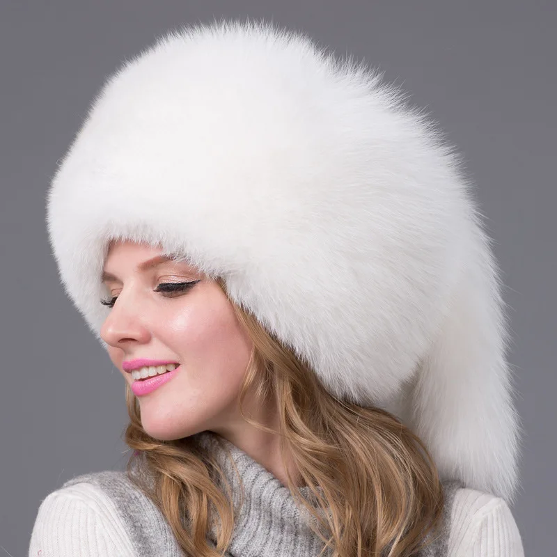 

Natural Fox Fur Outdoor Cap Fashion Thick Warm Multifunction Skullies Beanies Hats Adjustable Size Winter Accessories for Women