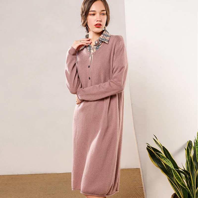 Длинный кашемировый свитер свободный тонкий сексуальный с v-образным вырезом