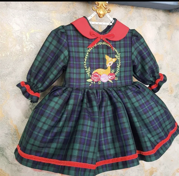 

Baby Girl Auntumn Winter Green Plaid Deer Embroidery Vintage Turkish Princess Ball Gown for Christmas Casual Eid