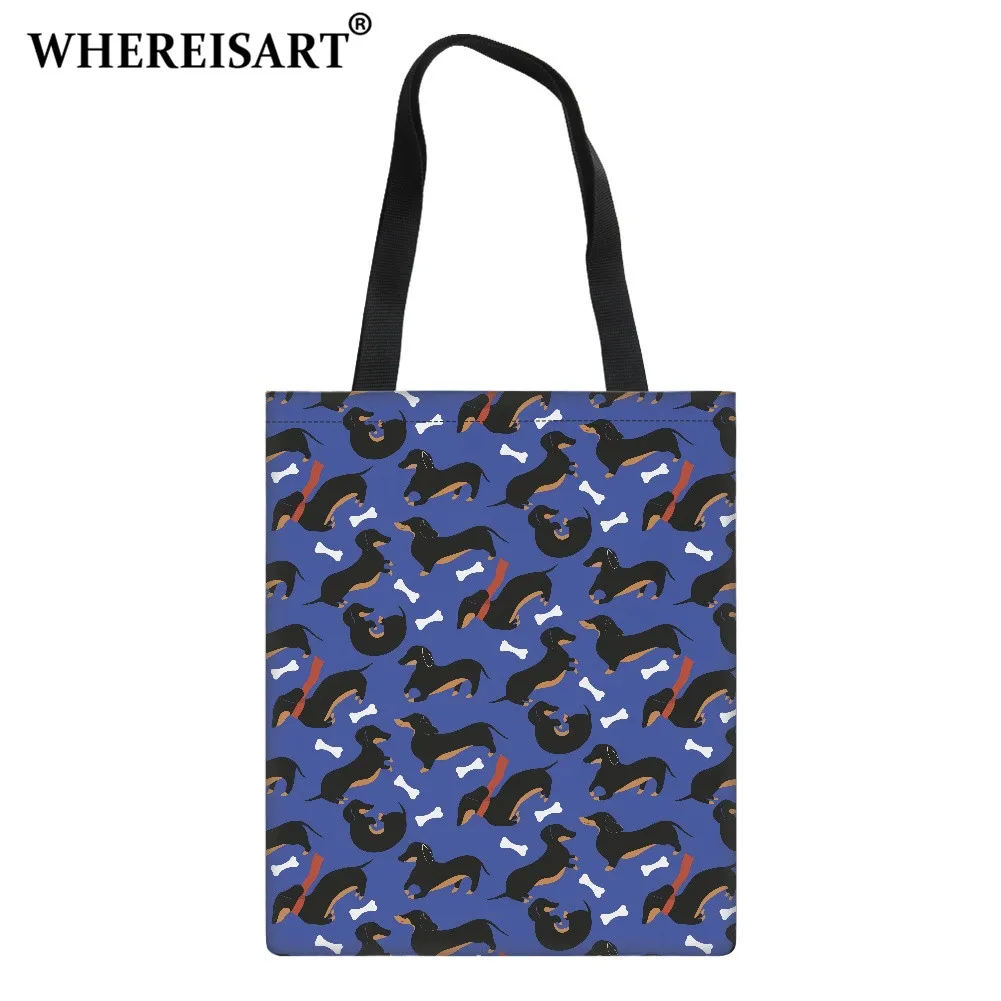

WHEREISART Cartoon Dachshund Canvas Tote Bag Cotton Cloth Shoulder Shopper Bags for Unisex Reusable Eco Foldable Shopping Bags