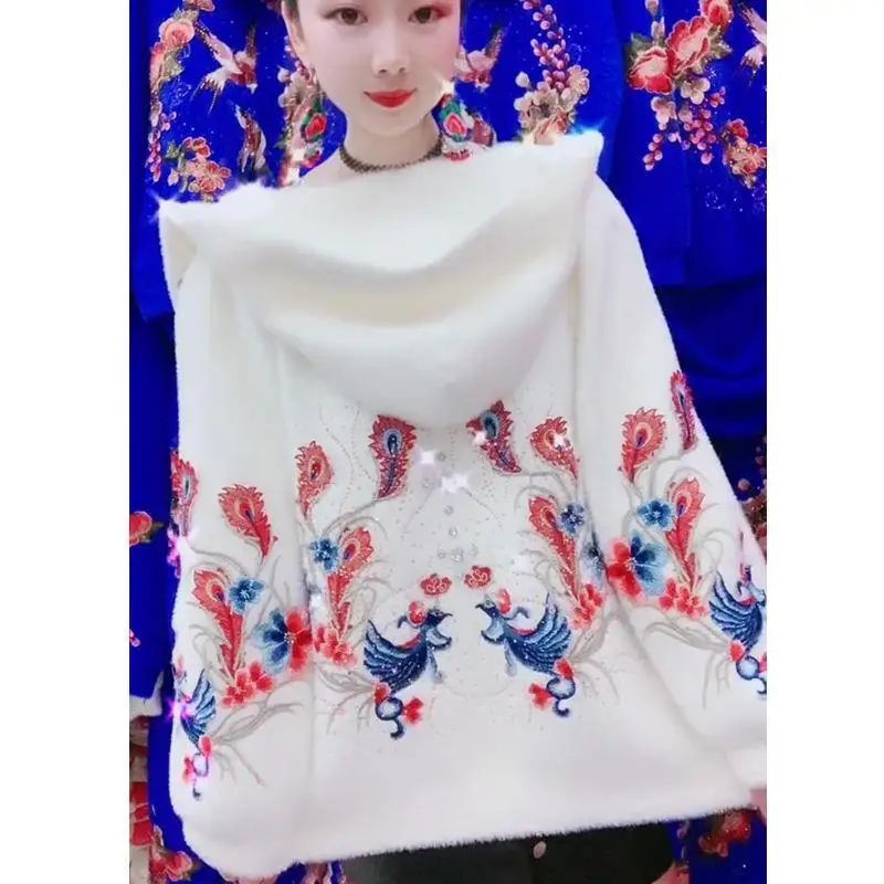 

Women 2021 Winter Imitation Mink Cashmere Knitted Cardigans New Female Loose Sweater Coats Ladies Hooded Casual Outerwear D201
