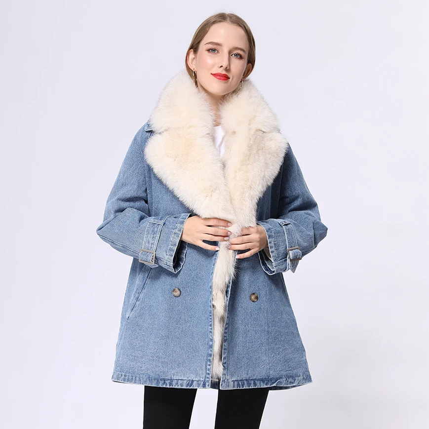

Женская парка из денима, с натуральным лисьим мехом