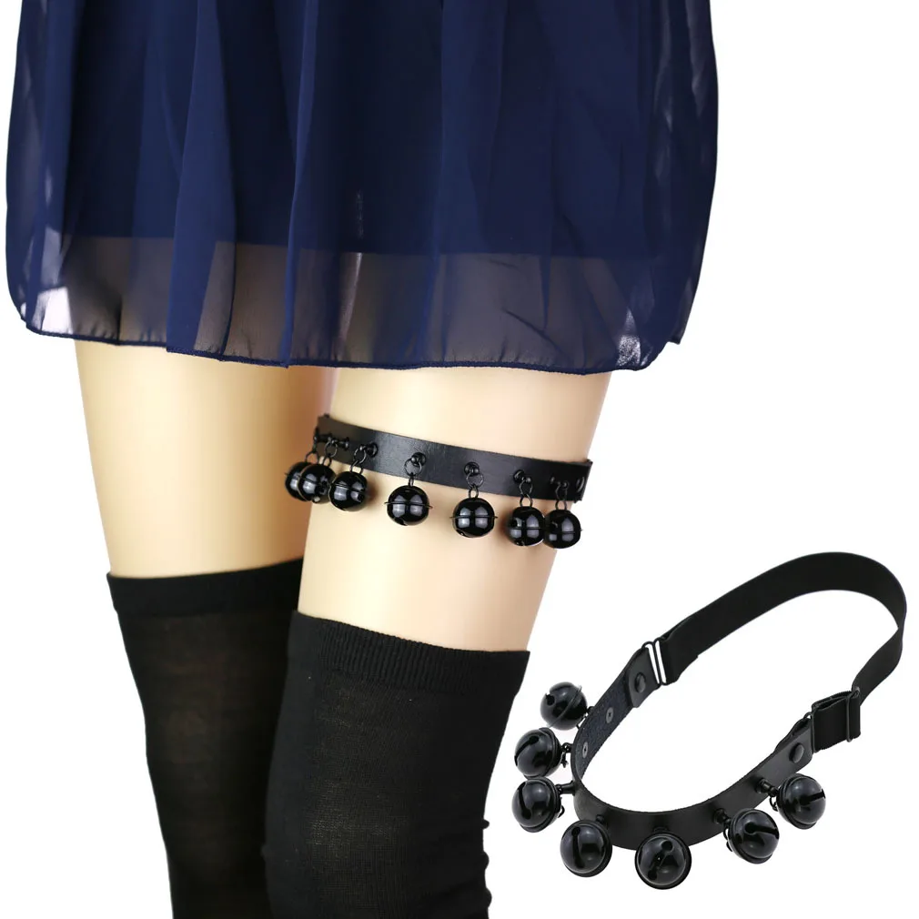 

Goth Egirl Women Black Small Bell Leg Ring Sexy Body Lingerie Garter Belt Leg Loop Wedding Garters Cosplay Gothic Accessories