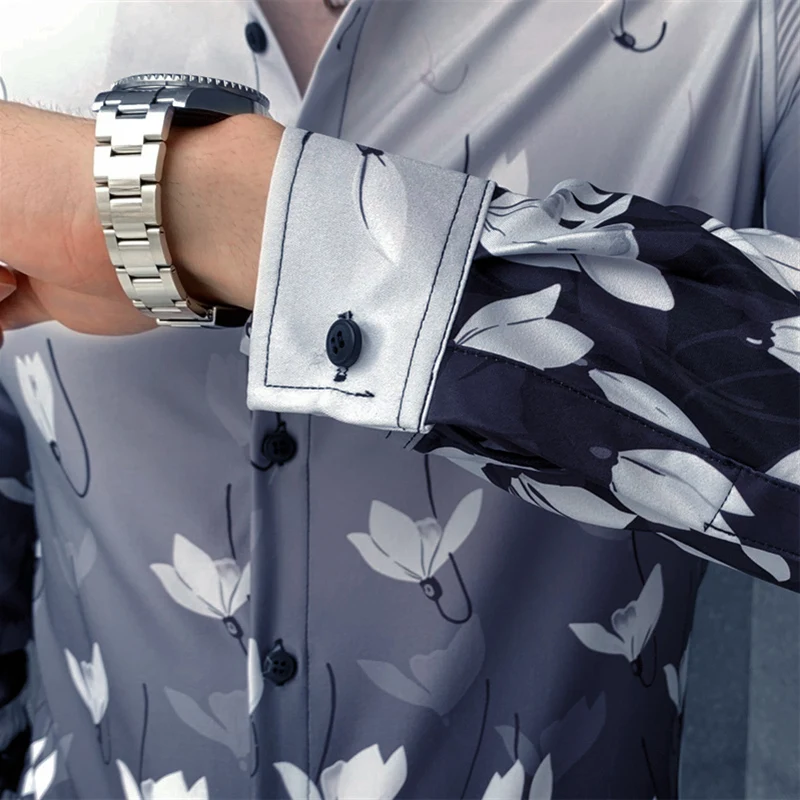 

Mens Long Sleeve Print Shirt Fashion Autumn Blue Floral Man Shirts High Quality Camisa Social Masculina Slim Fit Korean V411