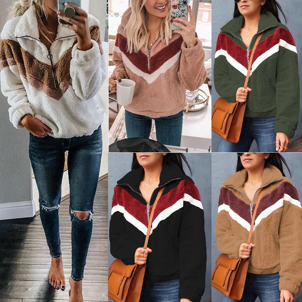 

Women Winter Thicken Warm Zippers Short Casual Jacket Autumn and Winter Fashion Stitching Pocket Zipper Blouse Fleece