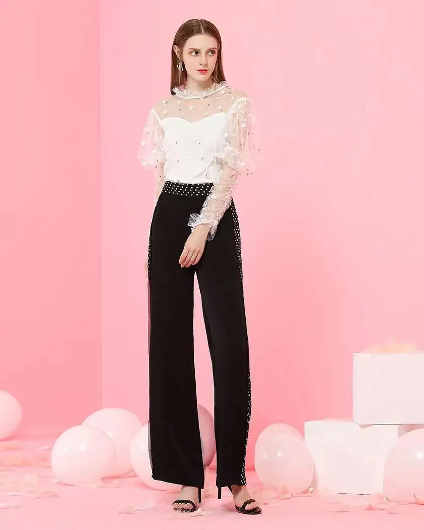 

Women's Elegant Polka Dot Stripe Embellished Wide-leg Pants