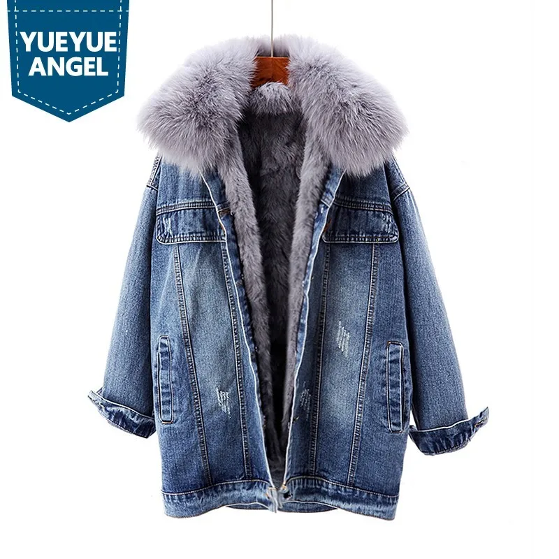 

Winter Warm Detachable Rabbit Fur Lining Faux Fox Collar Overcoats Casual Thick Single Breasted Loose Ripped Women Denim Jackets