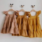 Кружевное пляжное платье с оборками для девочек, летние льняные хлопковые детские платья без рукавов для маленьких девочек, одежда для принцесс, платье-пачка в стиле бохо