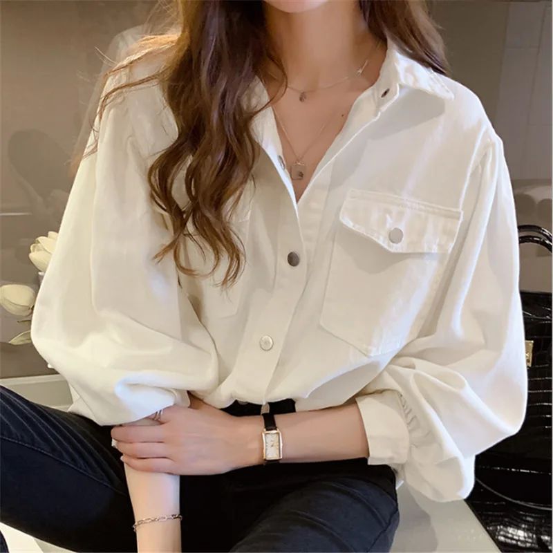

White Blouses Women Oversize 2020 Leisure Ladies Chic Shirt Loose Plus Size Shirts New Autumn Pocket Pink Top Nous Chemisons