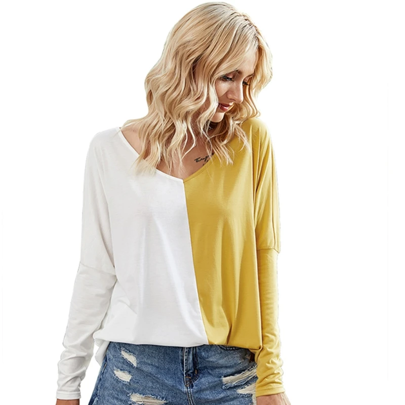 

Women Batwing Long Sleeve T-Shirt Sexy V-Neck Color Block Pullover Tunic Tops U50C