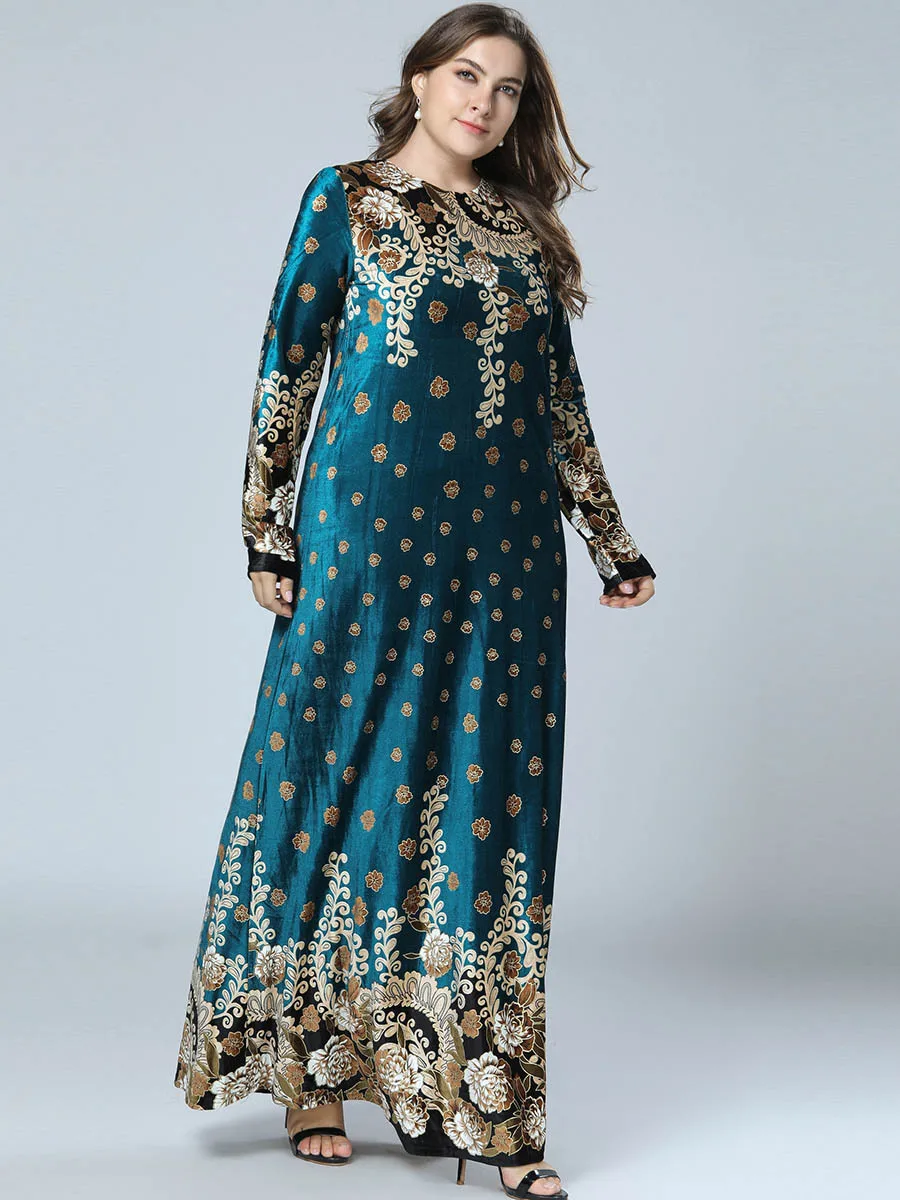 

Velvet Vintage Ethnic Print Maxi Dress for Women Autumn 2020 Elegant Dark Green O Neck Long Sleeve Arabic Turkey Muslim Clothes