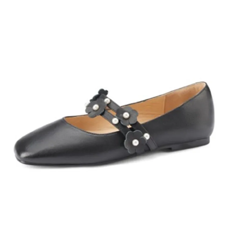 

Fanyuan Spring Women Low Heels Pearls Mary Janes Shoes Patent Leather String Bead Platform Shoes Black Thick Sole Lolita Shoes