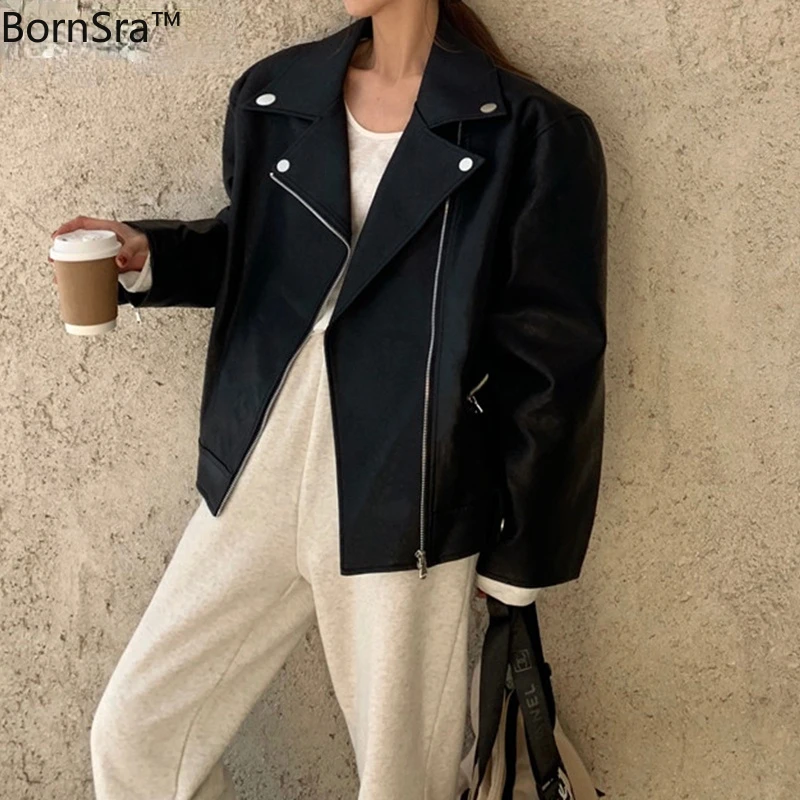 

Bornsra Women Gothic Jacket 2021 Spring Autumn Vintage Fashion Oversized PU Faux Leather Coat Loose Moto Biker Zipper Outwear